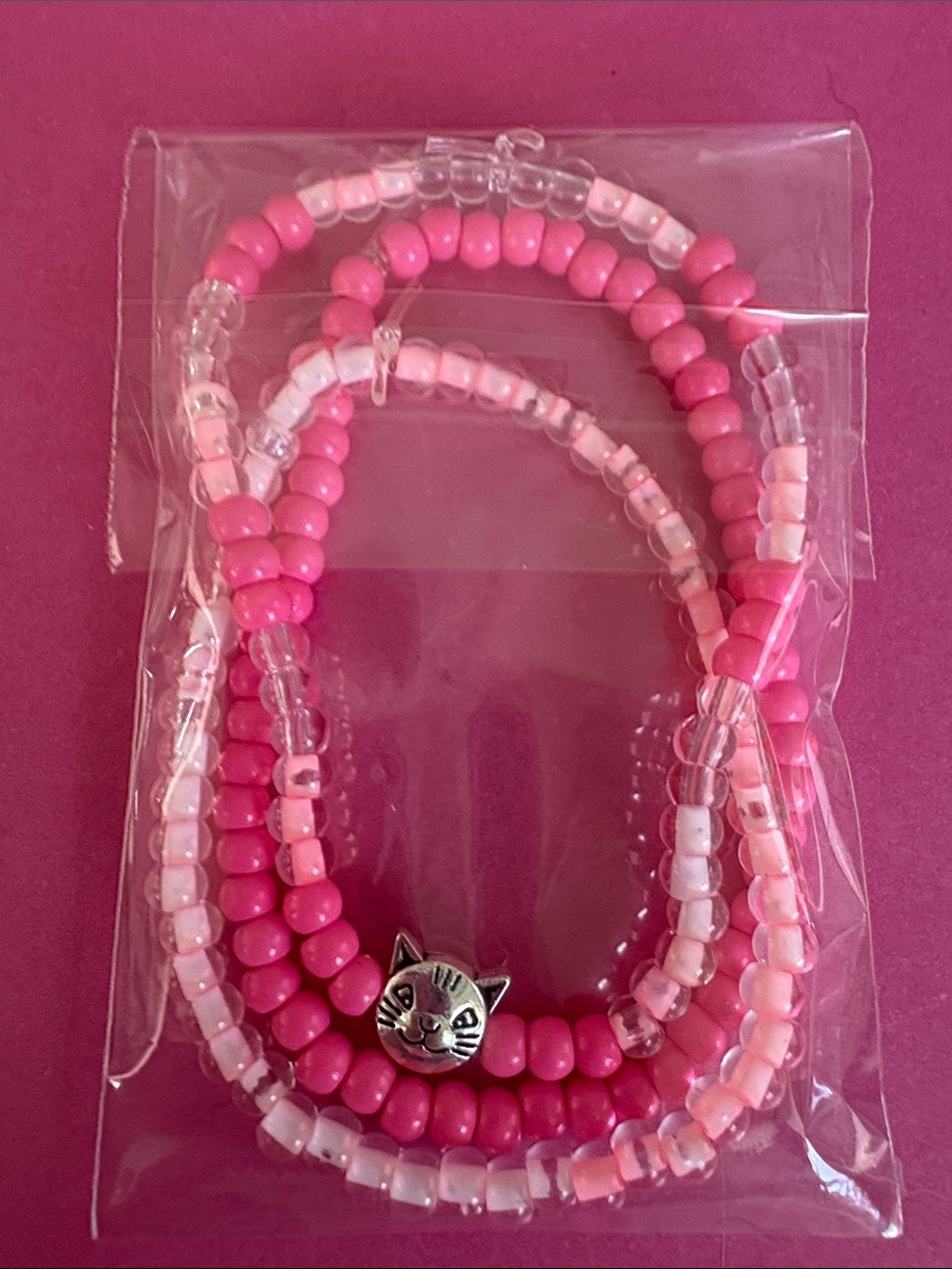 Pink Beaded Cat Charm Bracelet Set